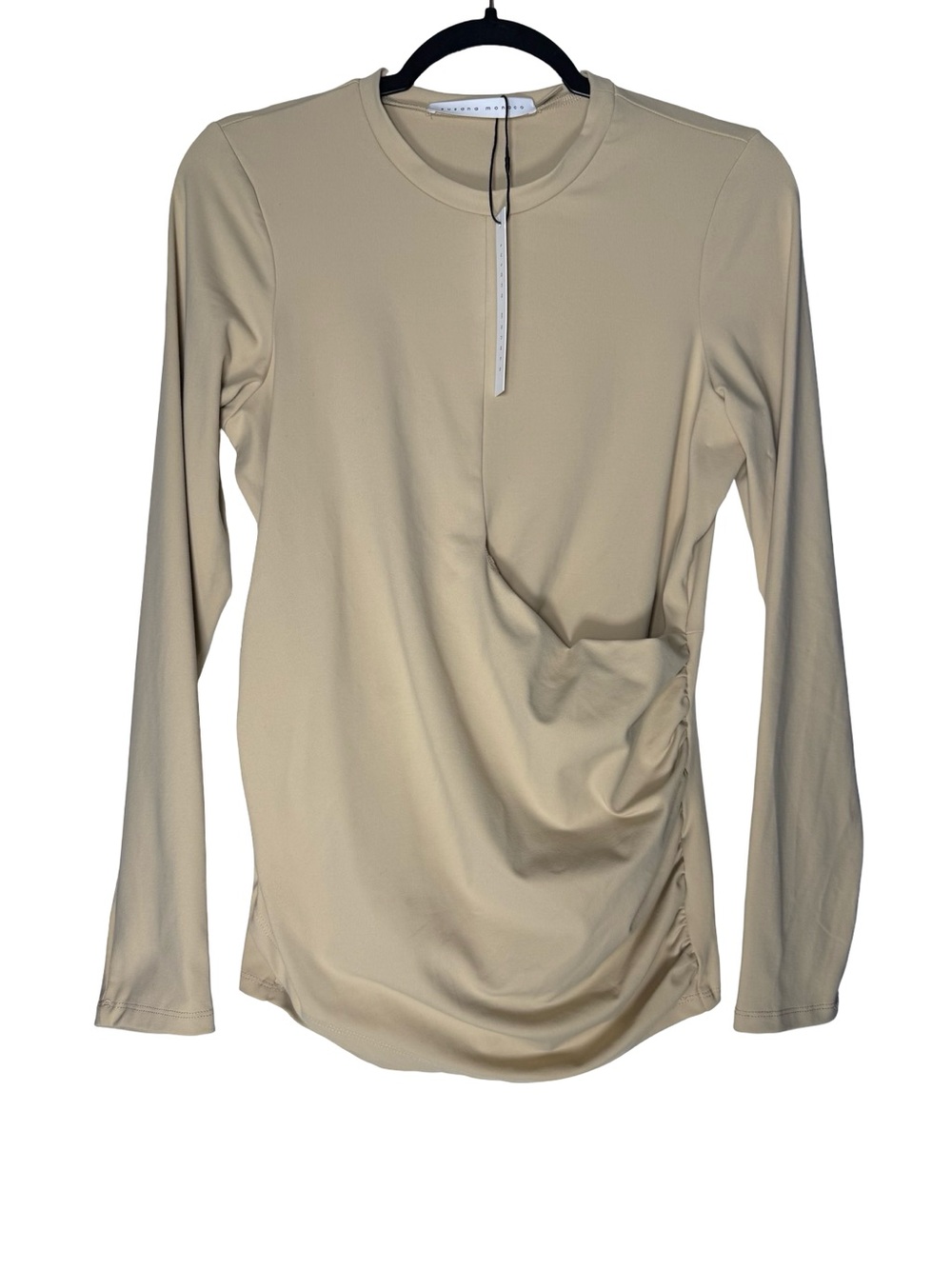 Susana Monaco Top XL Ruched Side Tan Long Sleeve Stretch Nylon Minimalist NEW